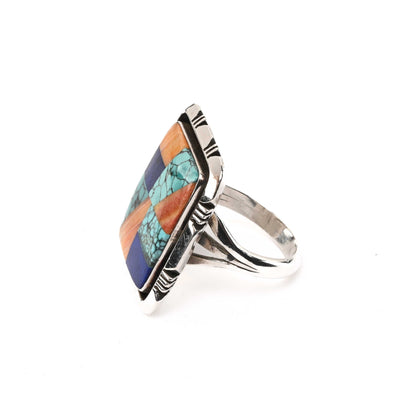 Sterling Silver Mosaic Inlay Ring (Turquoise, Spiny Oyster, Lapis)