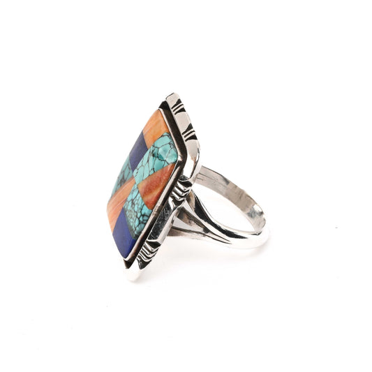 Sterling Silver Mosaic Inlay Ring (Turquoise, Spiny Oyster, Lapis)