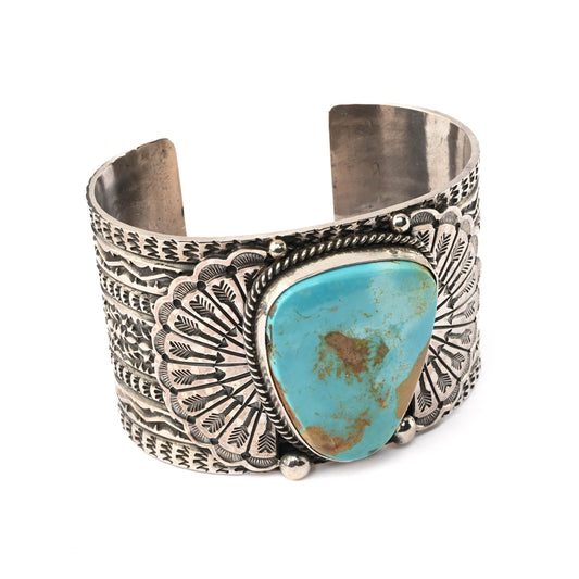 Wide, Sterling Silver, Stamped Cuff Bracelet with large turquoise stone