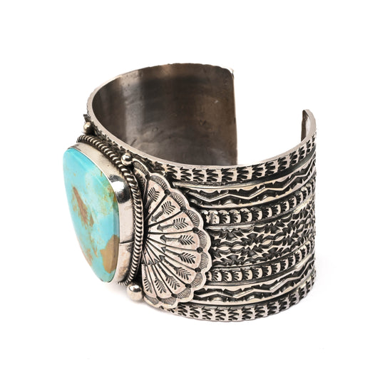 Wide, Sterling Silver, Stamped Cuff Bracelet with large turquoise stone