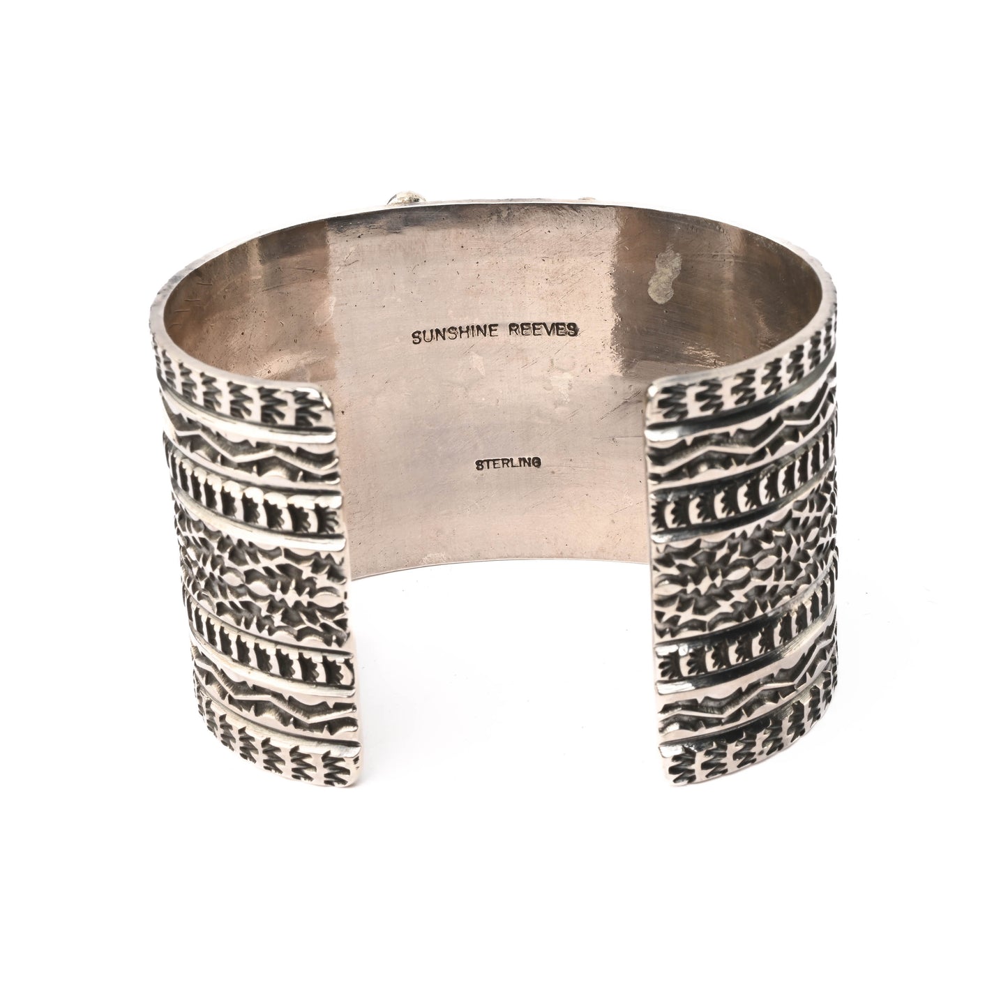 Wide, Sterling Silver, Stamped Cuff Bracelet with large turquoise stone