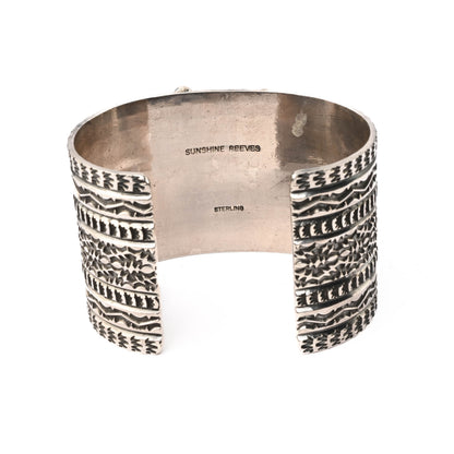 Wide, Sterling Silver, Stamped Cuff Bracelet with large turquoise stone