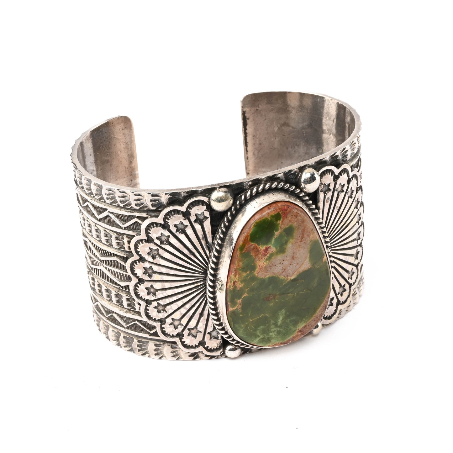 Wide, Sterling Silver, Stamped Cuff Bracelet with large turquoise stone