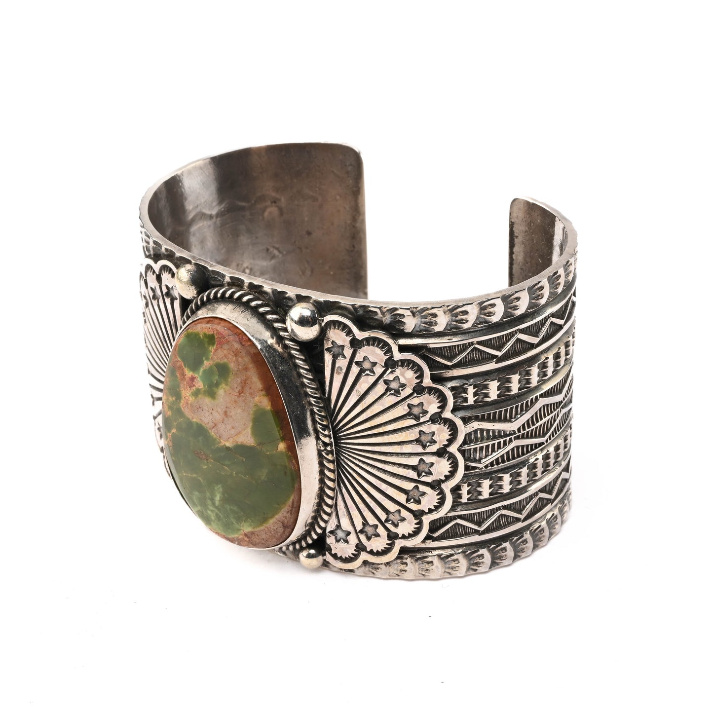 Wide, Sterling Silver, Stamped Cuff Bracelet with large turquoise stone