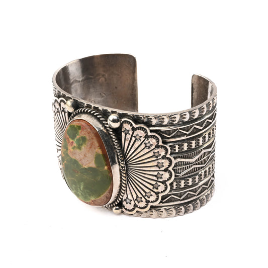 Wide, Sterling Silver, Stamped Cuff Bracelet with large turquoise stone