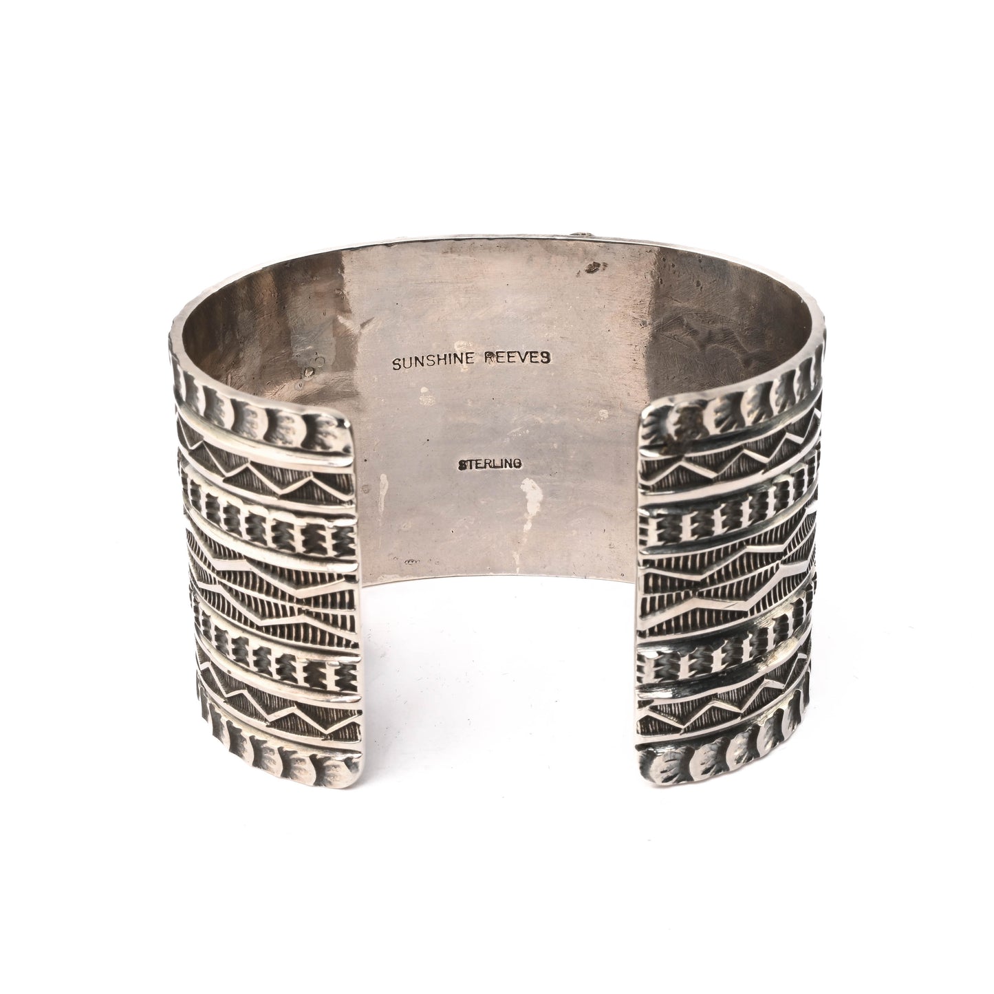 Wide, Sterling Silver, Stamped Cuff Bracelet with large turquoise stone