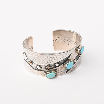 Sterling Silver Stamped Cuff Bracelet with Overlay and Turquoise