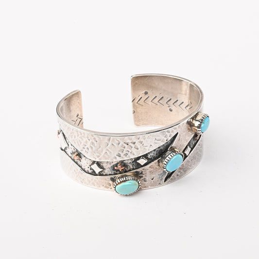 Sterling Silver Stamped Cuff Bracelet with Overlay and Turquoise
