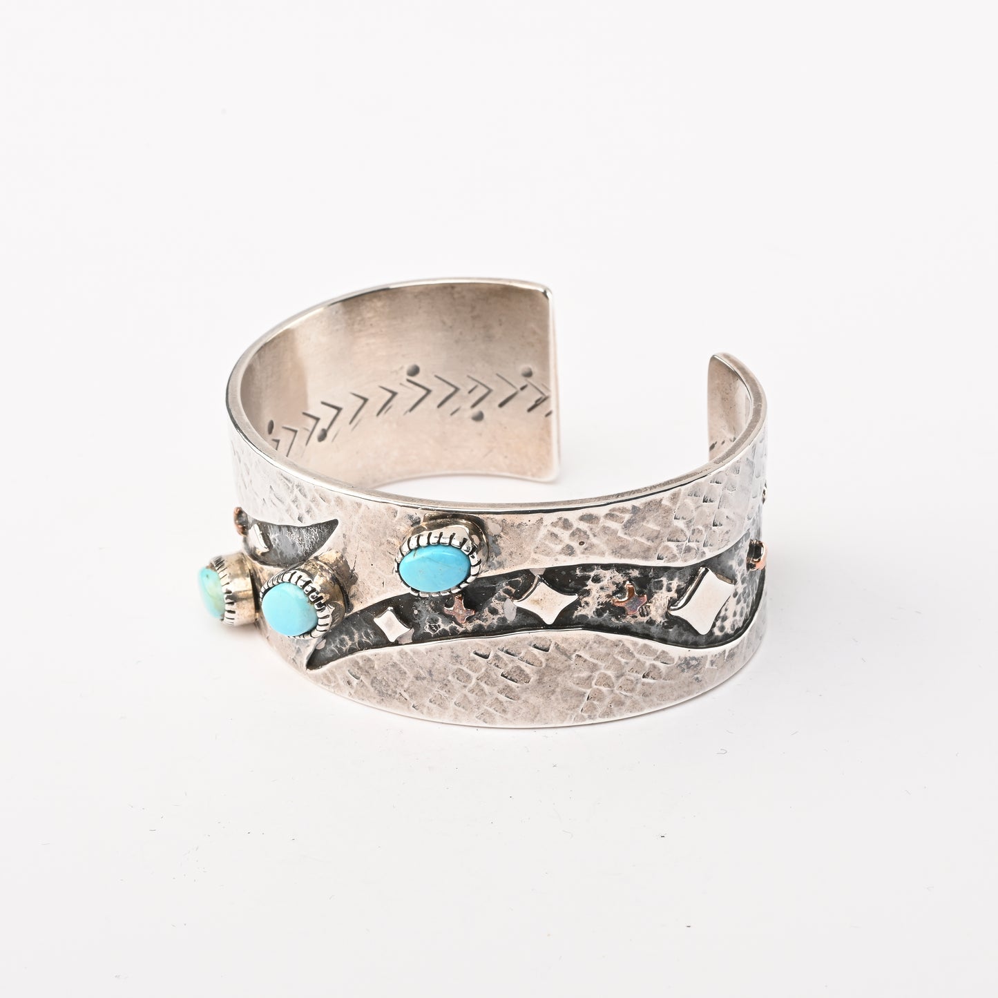 Sterling Silver Stamped Cuff Bracelet with Overlay and Turquoise