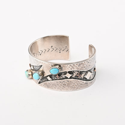 Sterling Silver Stamped Cuff Bracelet with Overlay and Turquoise