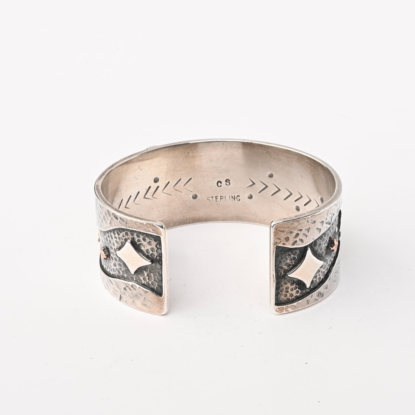 Sterling Silver Stamped Cuff Bracelet with Overlay and Turquoise