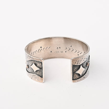 Sterling Silver Stamped Cuff Bracelet with Overlay and Turquoise