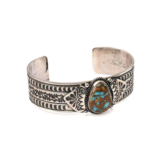 Sterling Silver, Stamped Cuff Bracelet with Turquoise stone