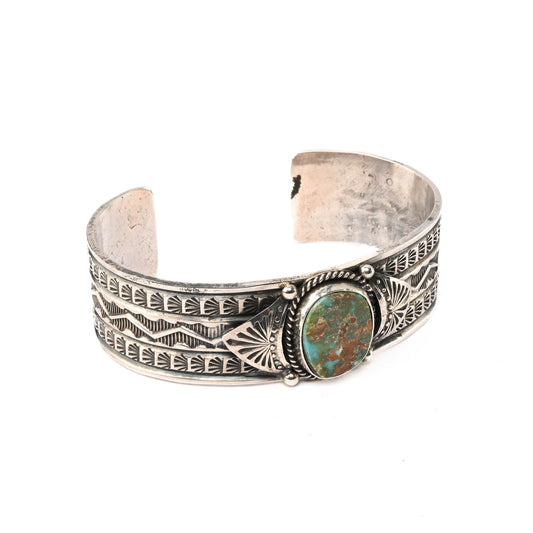 Sterling Silver, Stamped Cuff Bracelet with Turquoise stone