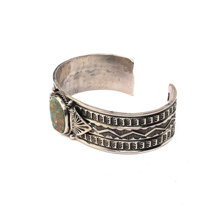 Sterling Silver, Stamped Cuff Bracelet with Turquoise stone