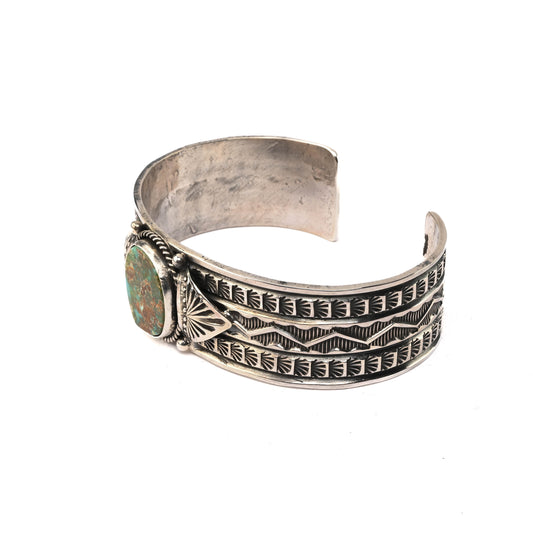 Sterling Silver, Stamped Cuff Bracelet with Turquoise stone