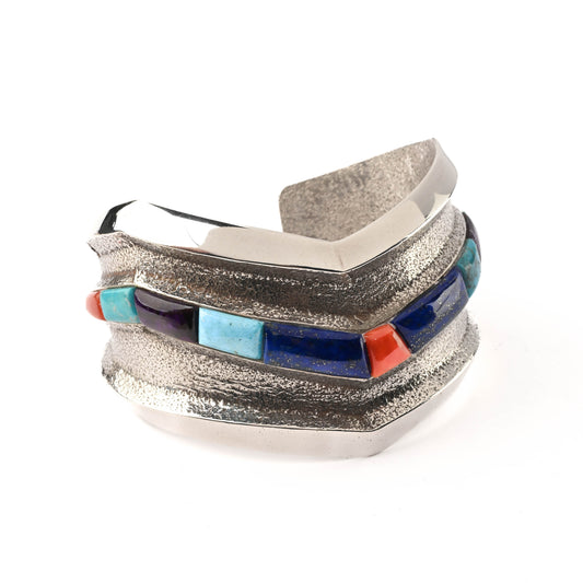 Tufa-cast, Sterling Silver Cuff Bracelet with`Inlay