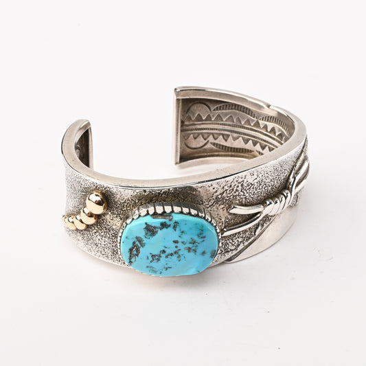 Vintage Sterling Silver Cuff Bracelet with Silver Droplets and a Feather