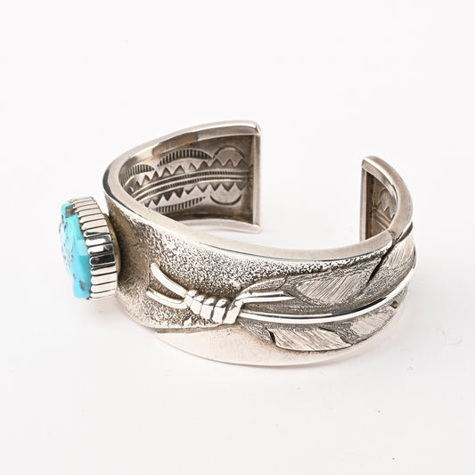 Vintage Sterling Silver Cuff Bracelet with Silver Droplets and a Feather