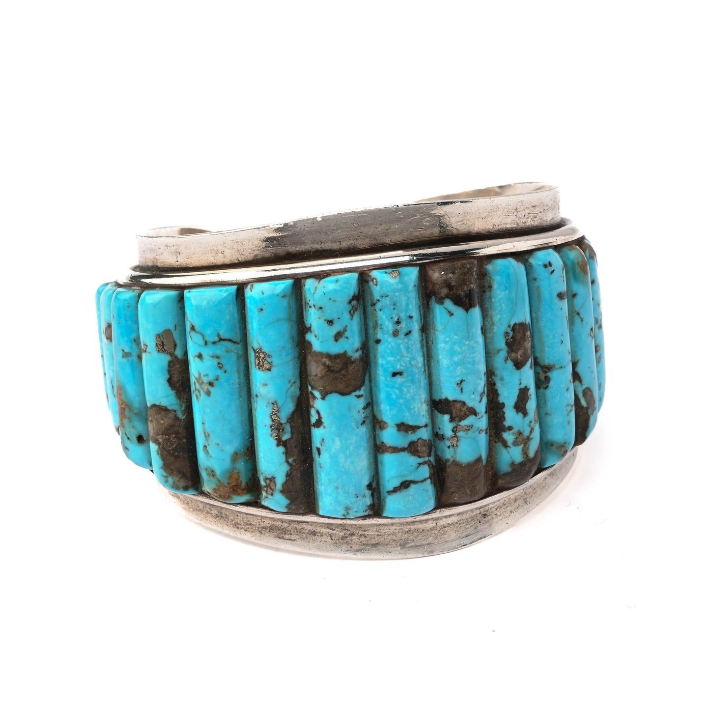 Vintage, wide, sterling silver, cuff bracelet with turquoise cobblestone inlay
