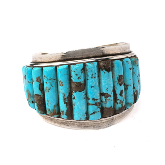 Vintage, wide, sterling silver, cuff bracelet with turquoise cobblestone inlay