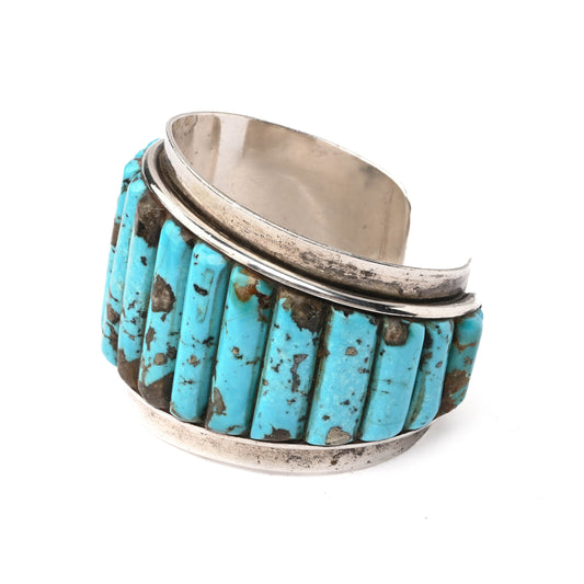 Vintage, wide, sterling silver, cuff bracelet with turquoise cobblestone inlay