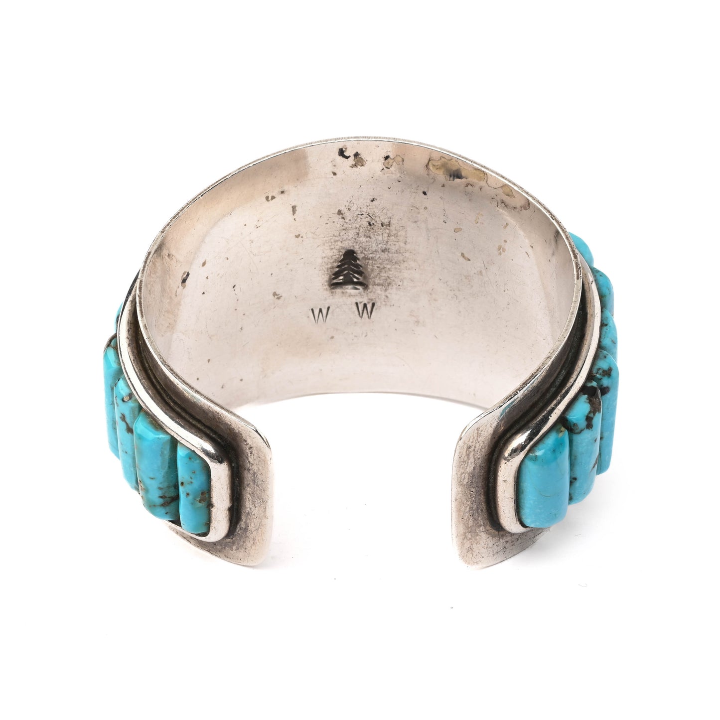 Vintage, wide, sterling silver, cuff bracelet with turquoise cobblestone inlay