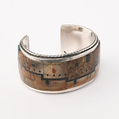 Vintage Sterling SIlver Cuff Bracelet with Pictorial Channel Inlay
