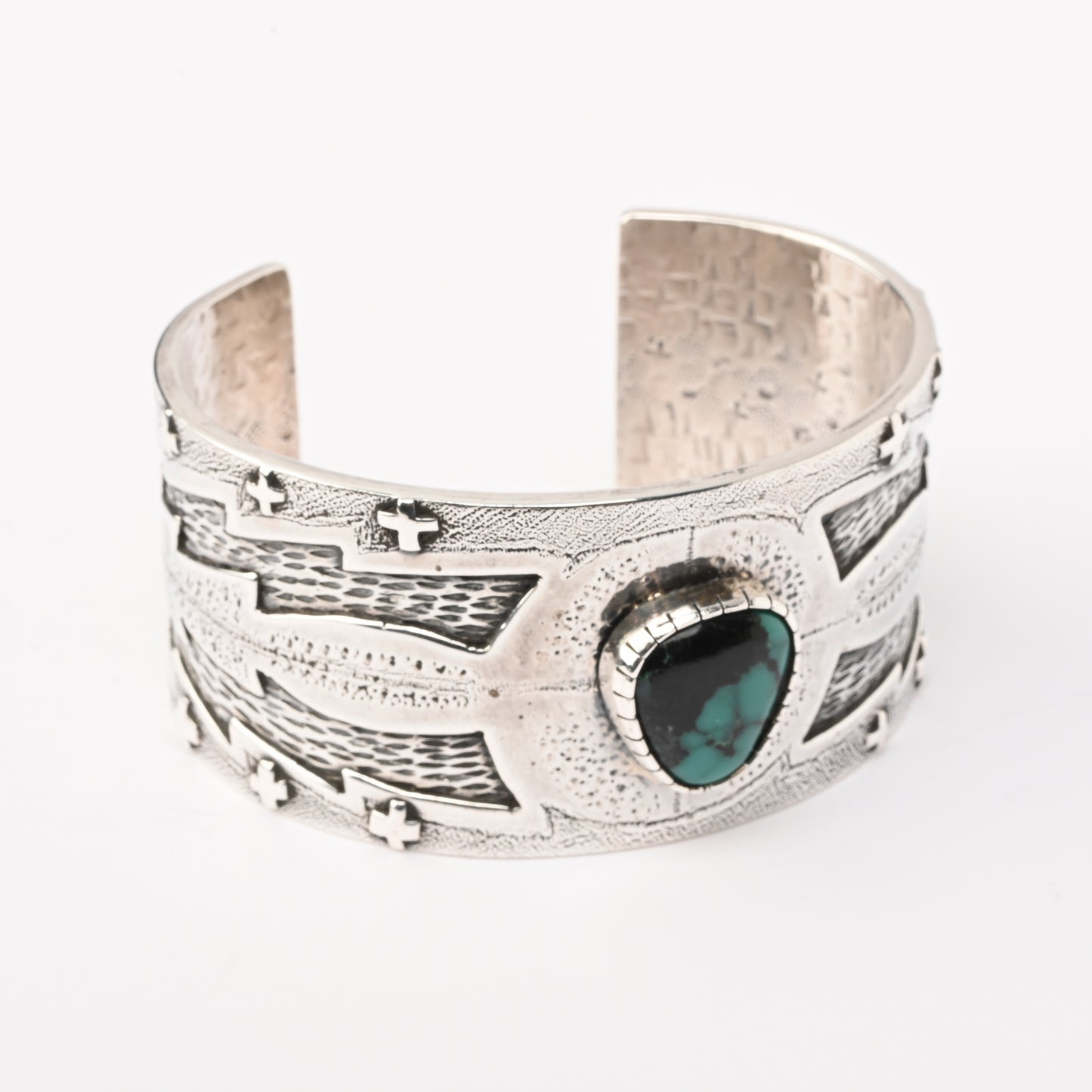 Sterling Silver Stamped Cuff Bracelet with Overlay and Turquoise