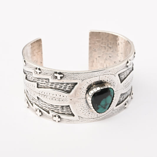Sterling Silver Stamped Cuff Bracelet with Overlay and Turquoise