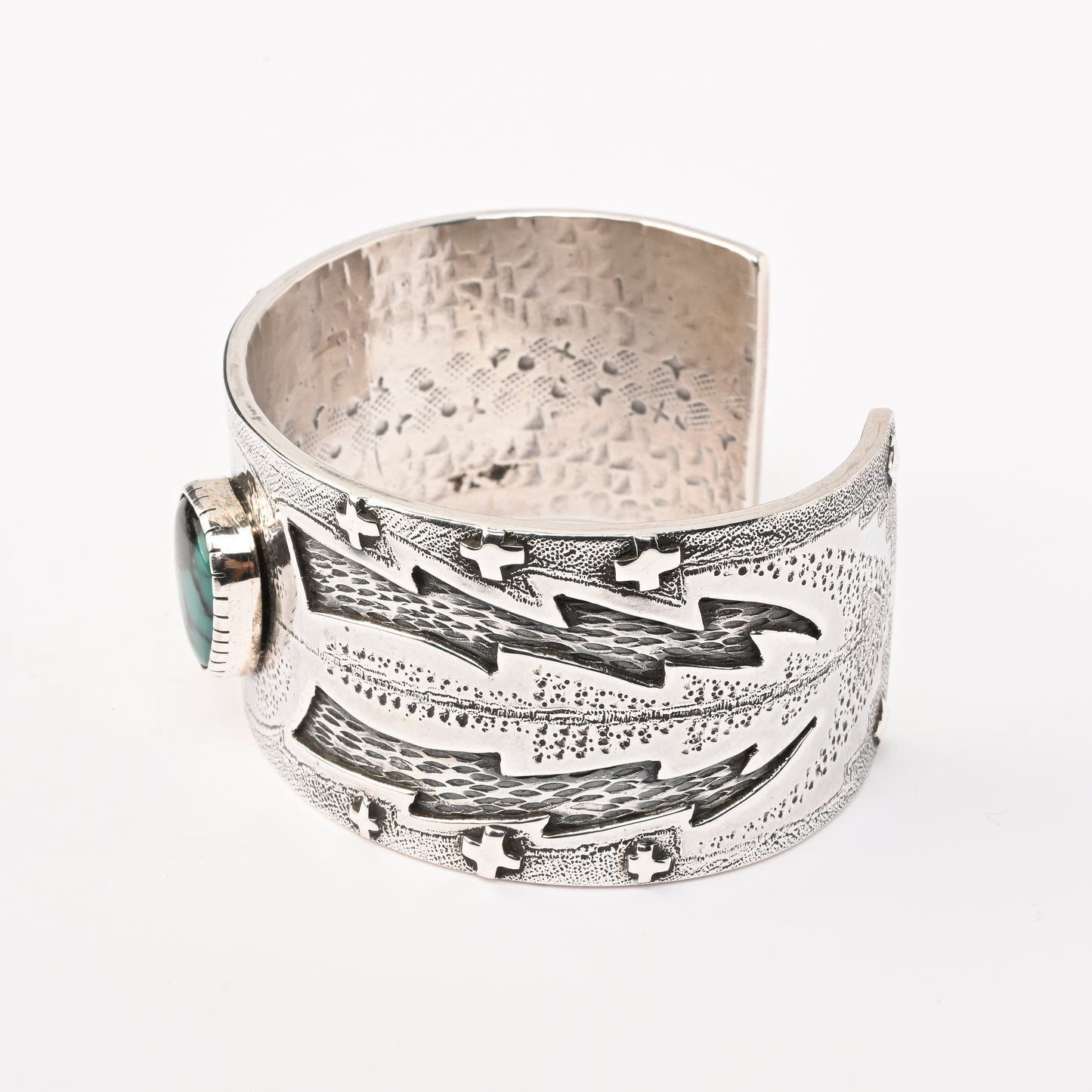 Sterling Silver Stamped Cuff Bracelet with Overlay and Turquoise