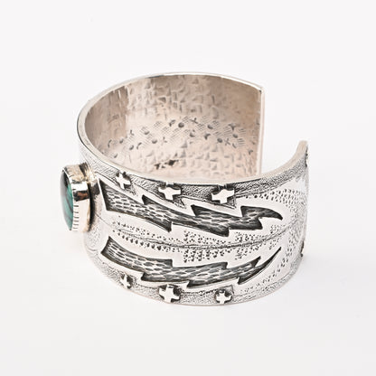 Sterling Silver Stamped Cuff Bracelet with Overlay and Turquoise
