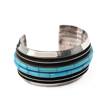 Vintage Wide Silver Bracelet with Turquoise Bead Strands