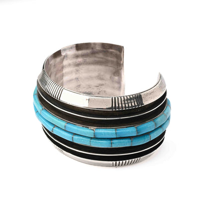 Vintage Wide Silver Bracelet with Turquoise Bead Strands