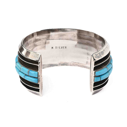 Vintage Wide Silver Bracelet with Turquoise Bead Strands