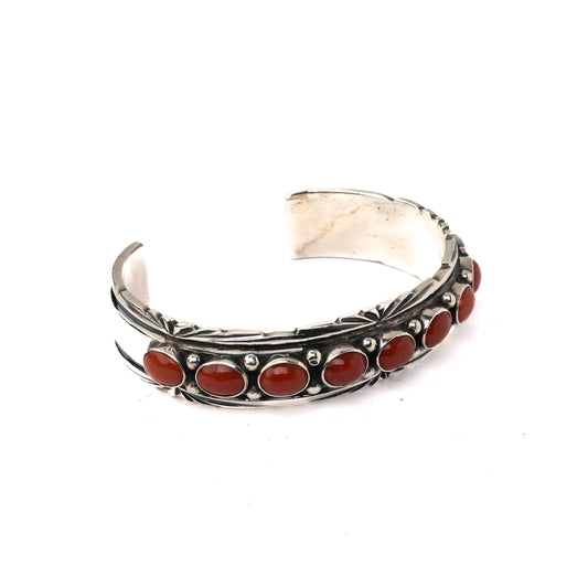 Vintage Sterling Silver Stamped Cuff Bracelet with Coral