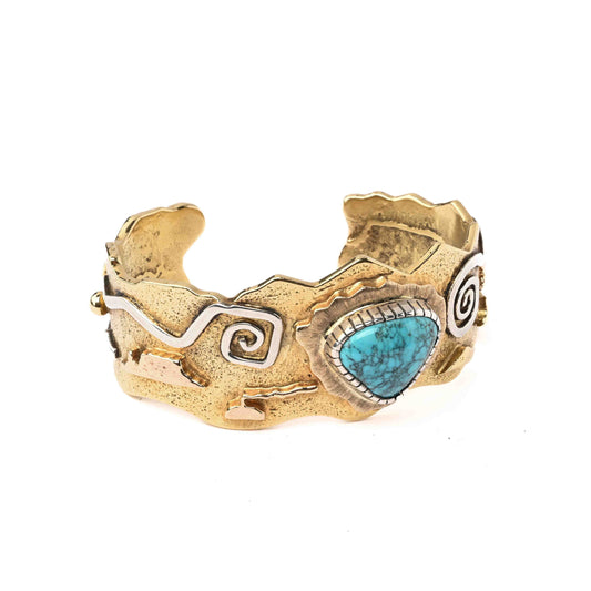 18K Gold Tufa Cast Bracelet with Lone Mountain Turquoise