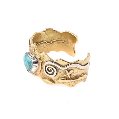 18K Gold Tufa Cast Bracelet with Lone Mountain Turquoise