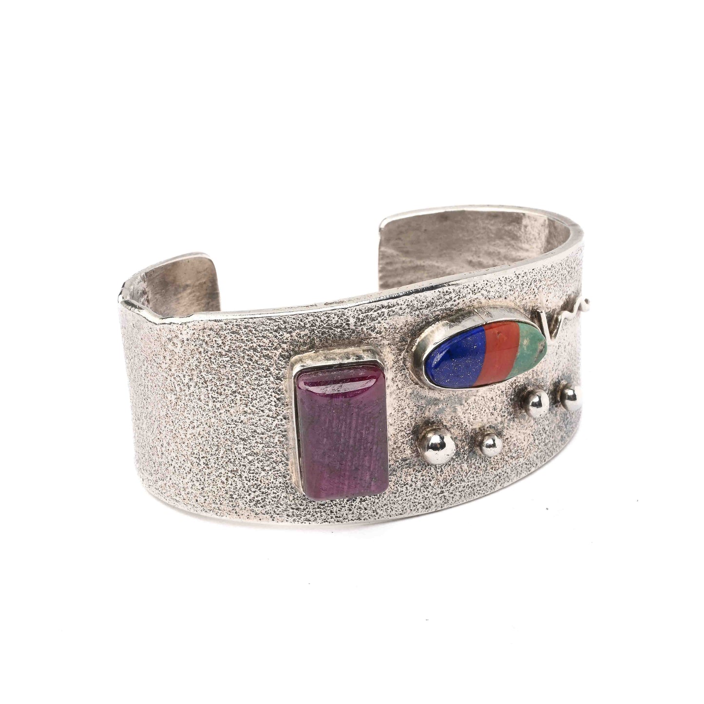 Tufa-Cast Silver Bracelet with Turquoise, Lapis & Coral Droplets