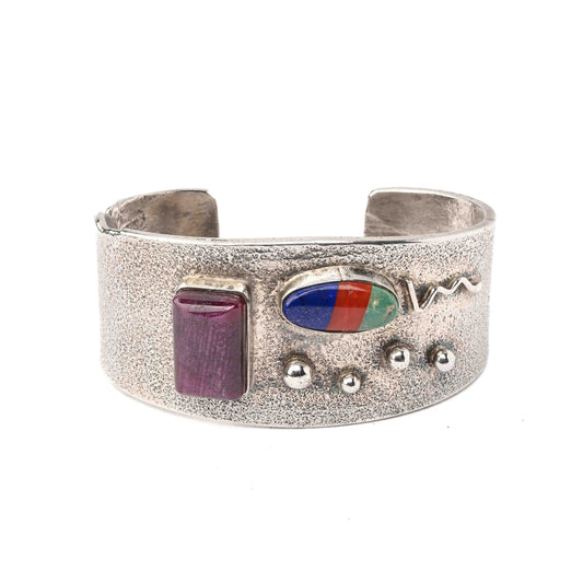 Tufa-Cast Silver Bracelet with Turquoise, Lapis & Coral Droplets