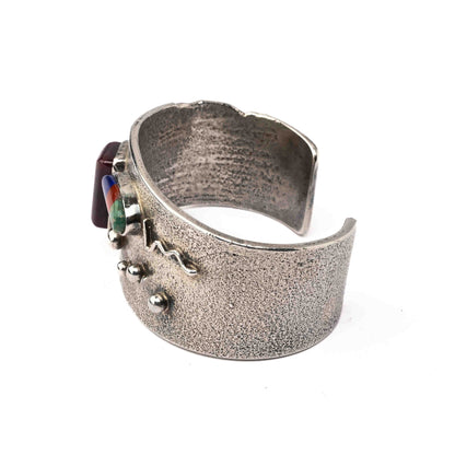 Tufa-Cast Silver Bracelet with Turquoise, Lapis & Coral Droplets