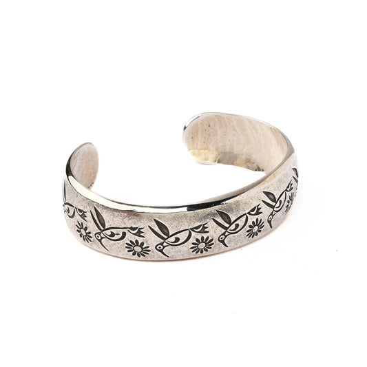 Sterling Silver Cuff Bracelet with Stamped Images of Hummigbirds