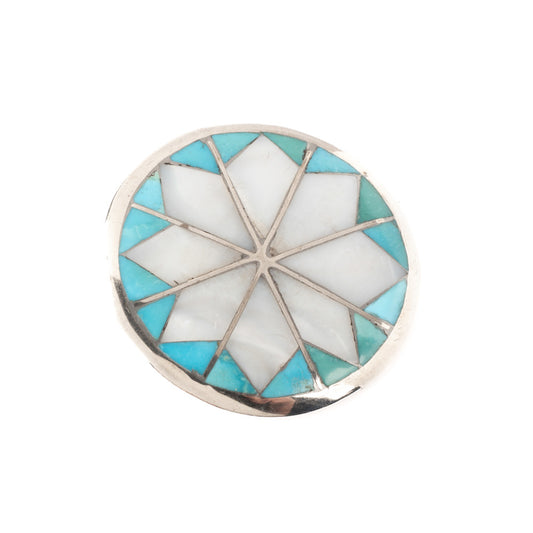 Vintage Silver Pin with Turquoise & Shell Inlay