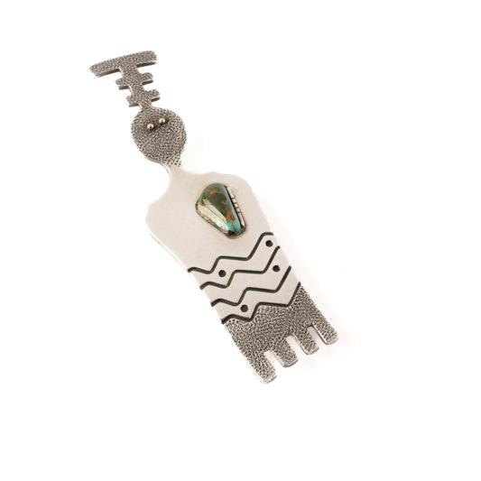 Silver Petroglyph Figure Pin with Turquoise & Gold Eyes