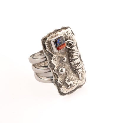 Labradorite & Coral Appliqué Ring