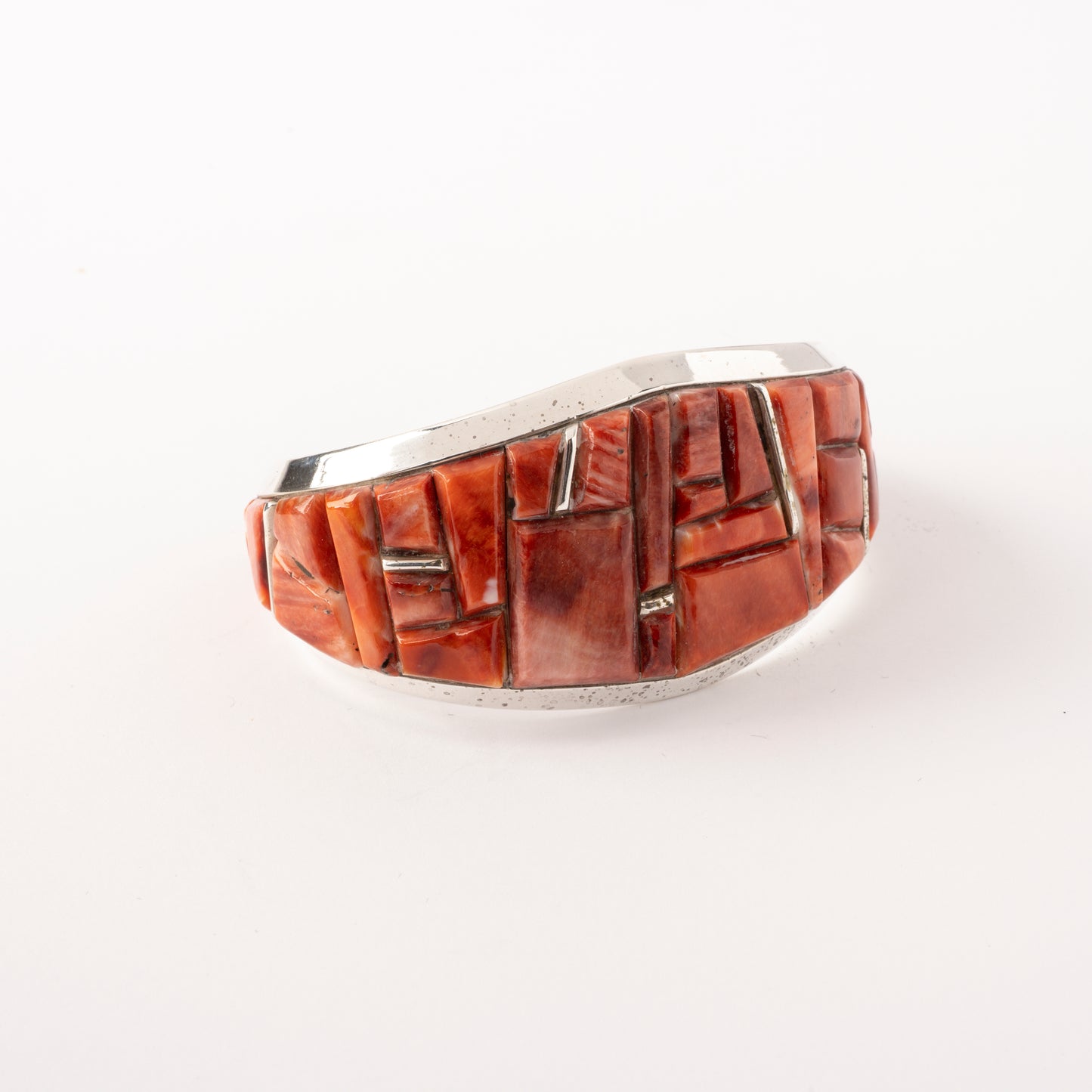 Sterling Silver Cuff Bracelet with Orange Spiny Oyster Cobblestone Inlay