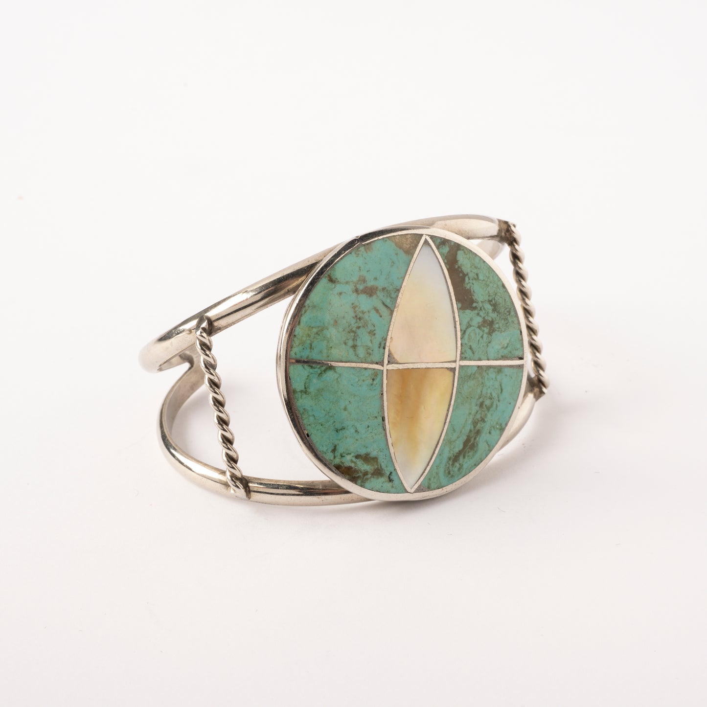 Vintage Sterling Silver Wire Cuff Bracelet with Turquoise and Mother-of-Pearl Inlay