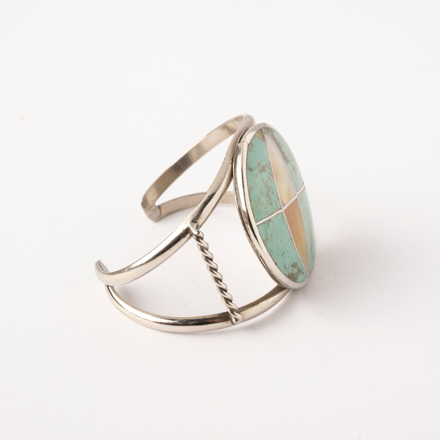 Vintage Sterling Silver Wire Cuff Bracelet with Turquoise and Mother-of-Pearl Inlay
