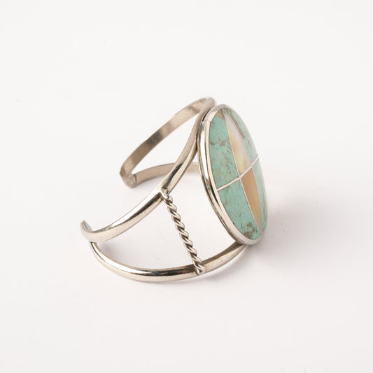 Vintage Sterling Silver Wire Cuff Bracelet with Turquoise and Mother-of-Pearl Inlay