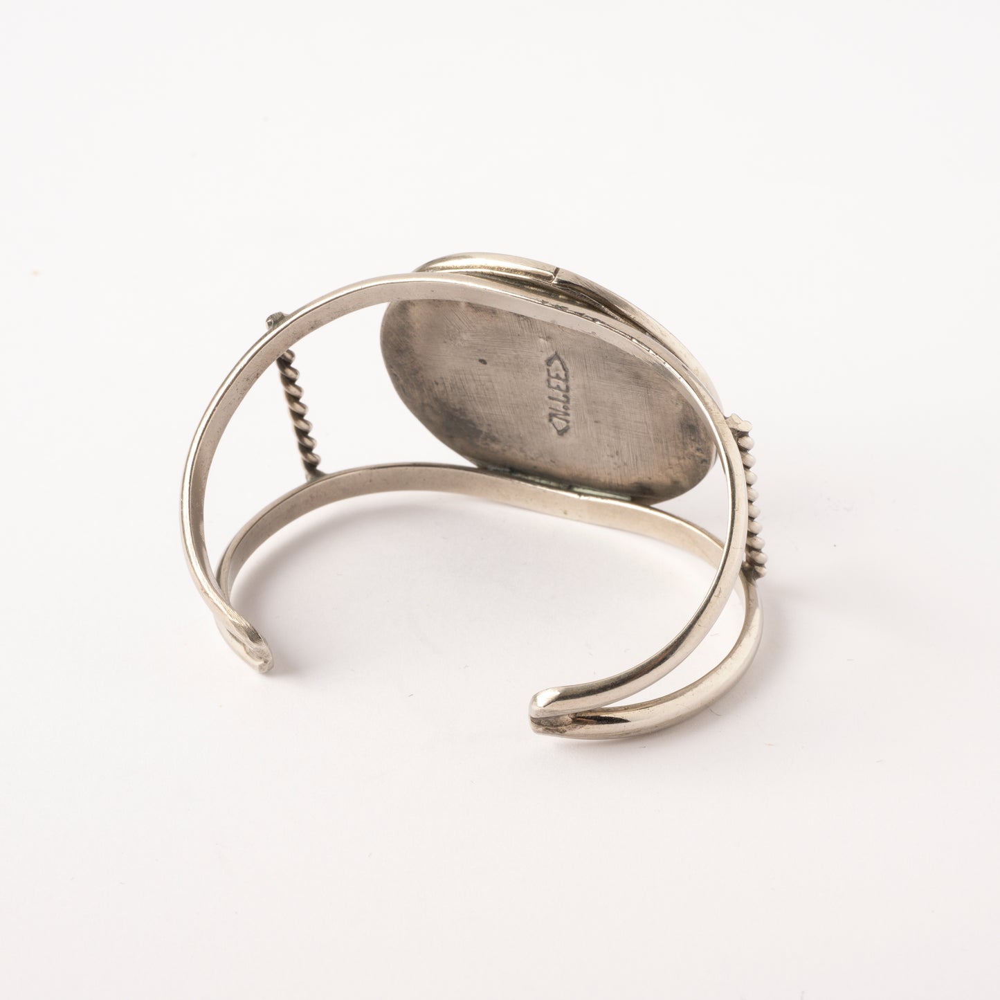 Vintage Sterling Silver Wire Cuff Bracelet with Turquoise and Mother-of-Pearl Inlay